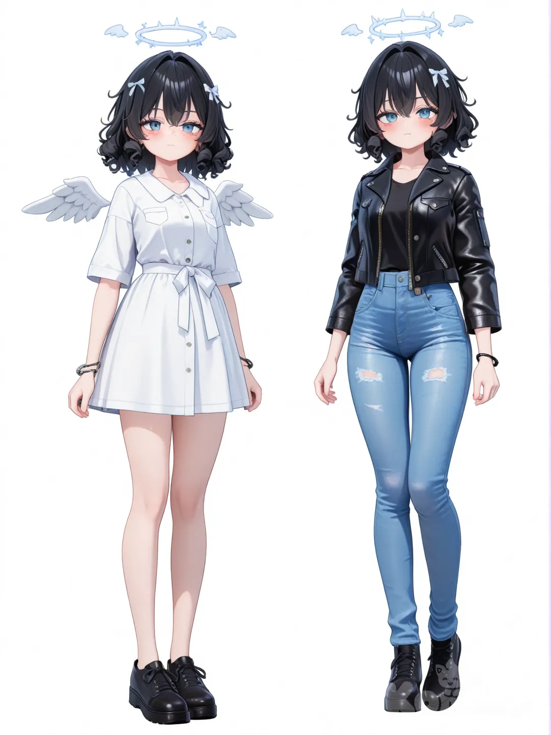 [3d-anime-style] 1girl, angel, demon, teenager, stocky, black hair, curly hair, blue eyes, freckles, leather jacket, jeans, hair accessory, bracelet, single character, full body, looking at viewer, anime style, simple background, white background