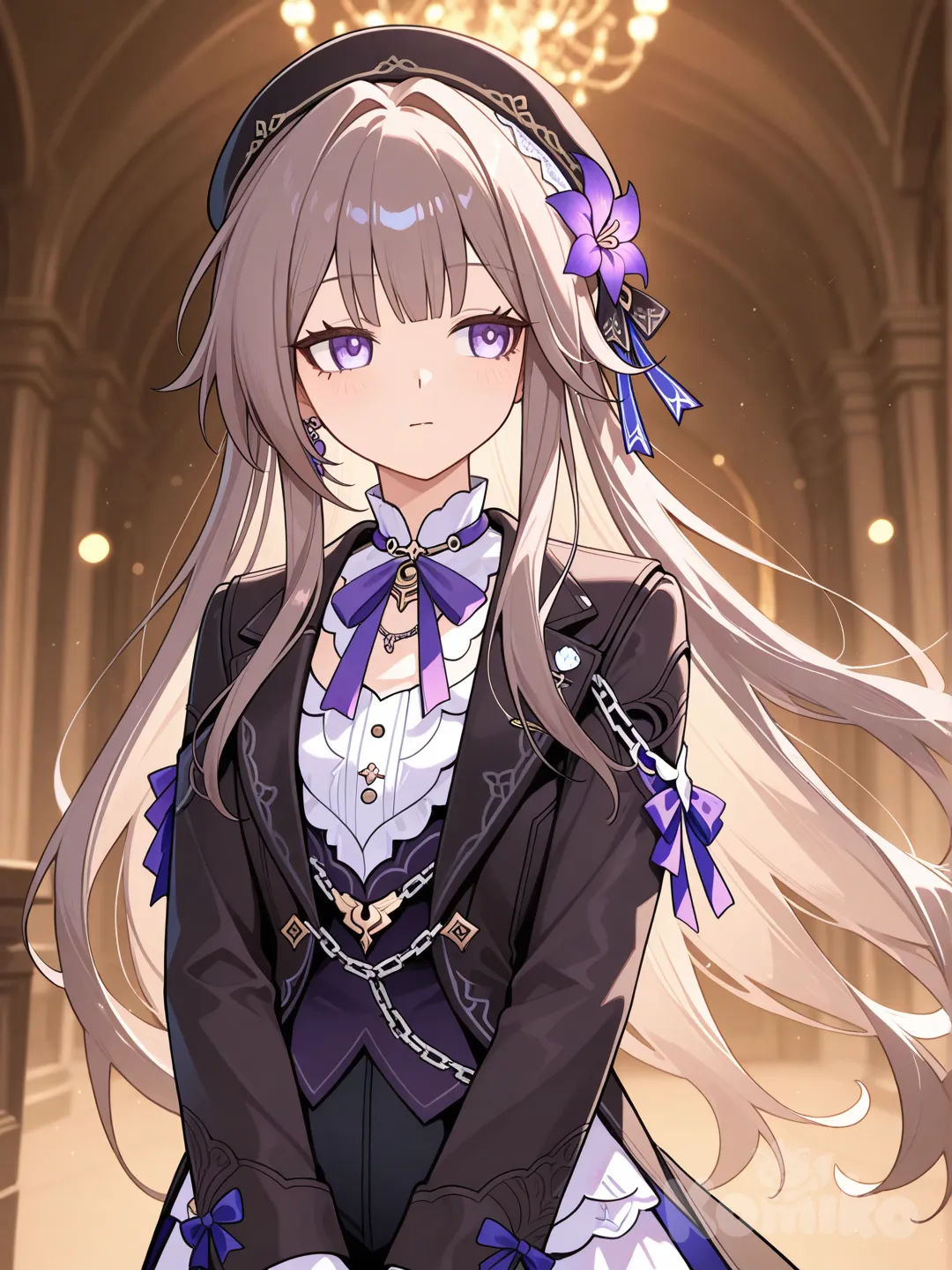 tuxedo, looking away, blurred background, @Herta_(Honkai:Star_Rail)