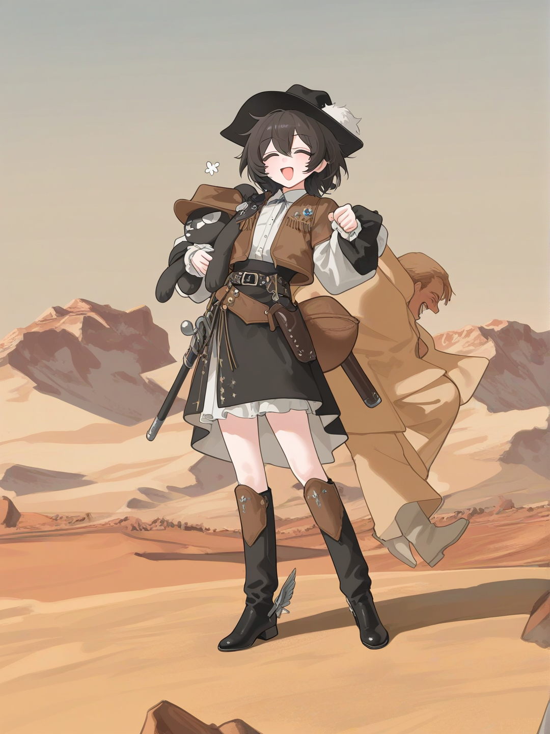 2people, male is holding up female in arms, <ellie-olTM> Cowboy outfit dress sexy, happy, laughing, <jacen-BSf6>, cowboy outfit, sexy, boots with spurs, smile, desert, cowboy western