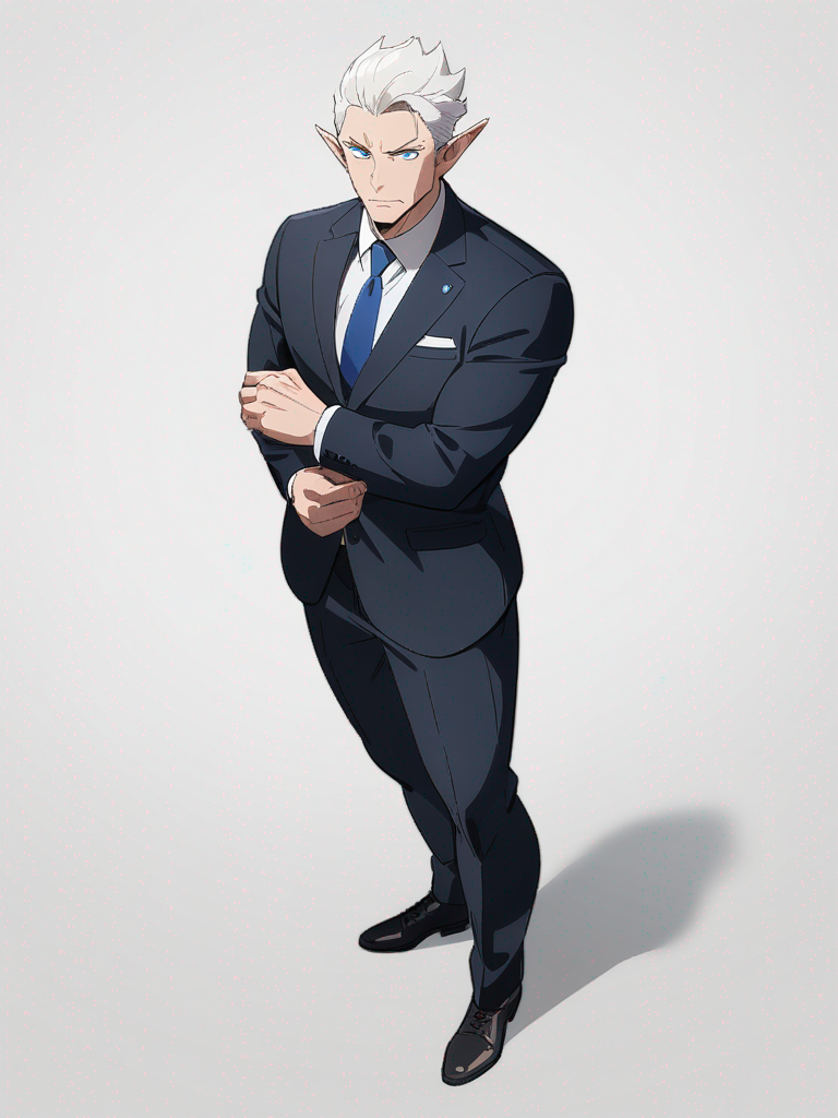 1boy, elf, mature, muscular, white hair, short hair, blue eyes, fair skin, suit, single character, full body, looking at viewer, anime style, simple background, white background