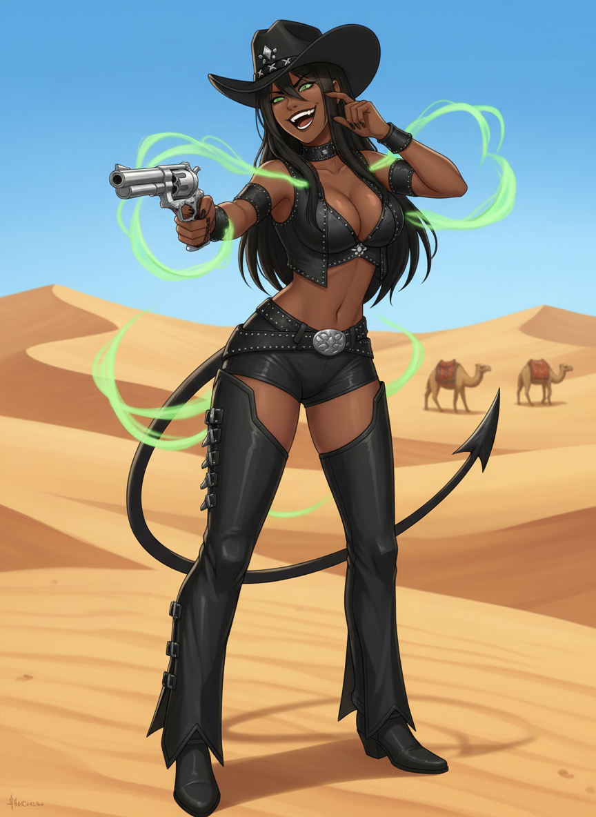 <peri-v2c0> , holding gun, evil smile, laughing, sexy cowboy outfit, cameltoe, camel on background , desert, day