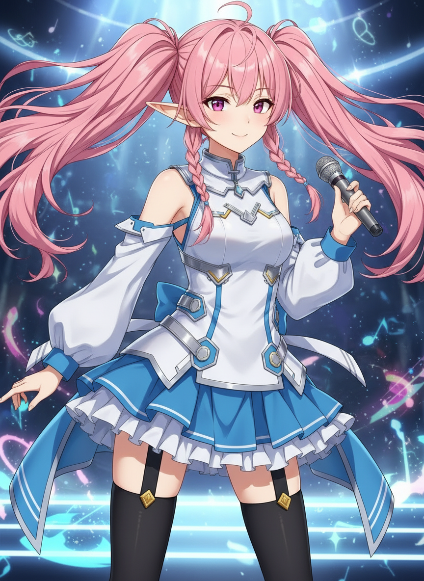 <ellie-olTM>, vocaloid, vocaloid outfit, 1girl, pink eyes, very long hair, pink hair, long hair, twintails, detached sleeves