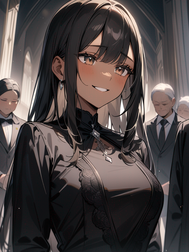 dark-skinned female, light brown eyes, black hair, straight hair, smile, skin tight black dress, funeral dress, grieving