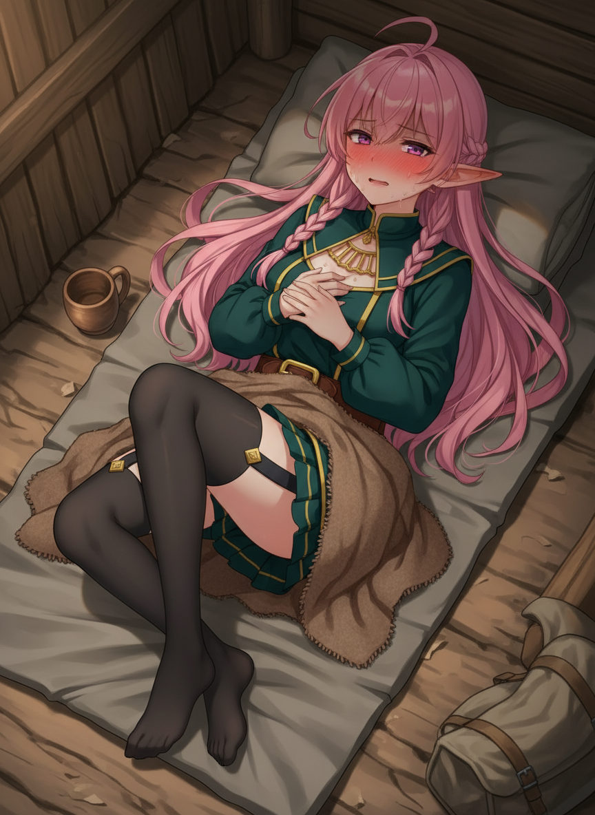 <ellie-olTM>, sick, laying on ground, laying on bed roll... , fever, red face