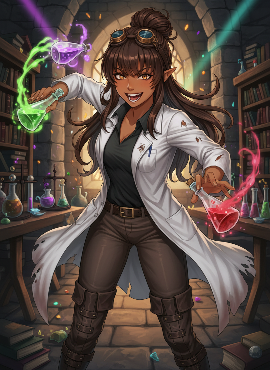 <alyssia-5hMB>, brown ram horns, evil , laughing, lab coat, capri pants, knee high boots, steampunk goggles, bun, straight bangs, castle, alchemy room, ambient light, upper body, throwing potions