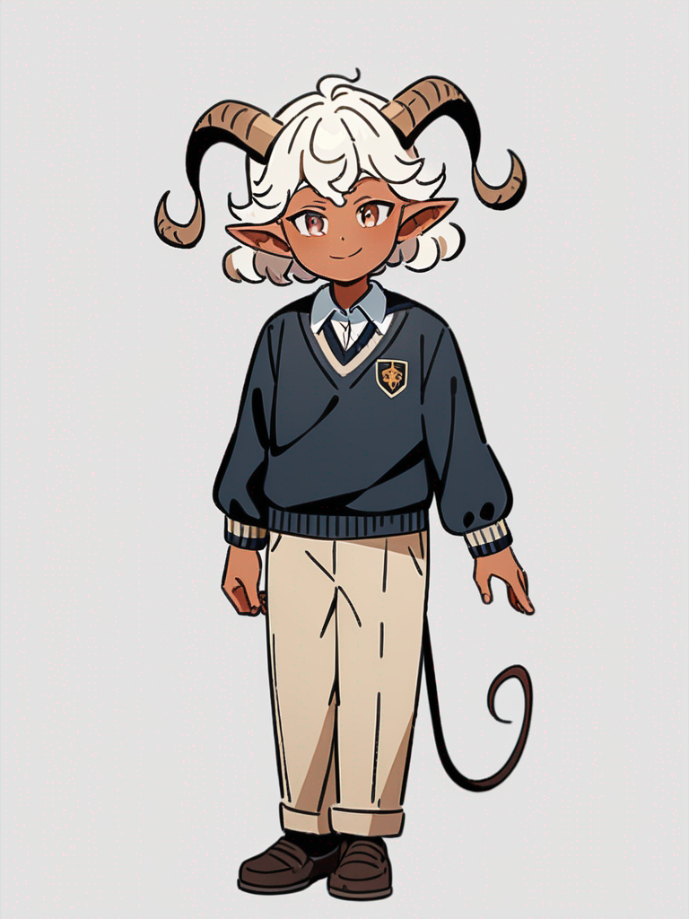 1boy, tiefling, pointed ears, smiling, brown eyes, white curly hair, brown ram horns, brown demon tail, tan skin, school boy uniform, pants, sweater, single character, full body, looking at viewer, anime style, simple background, white background