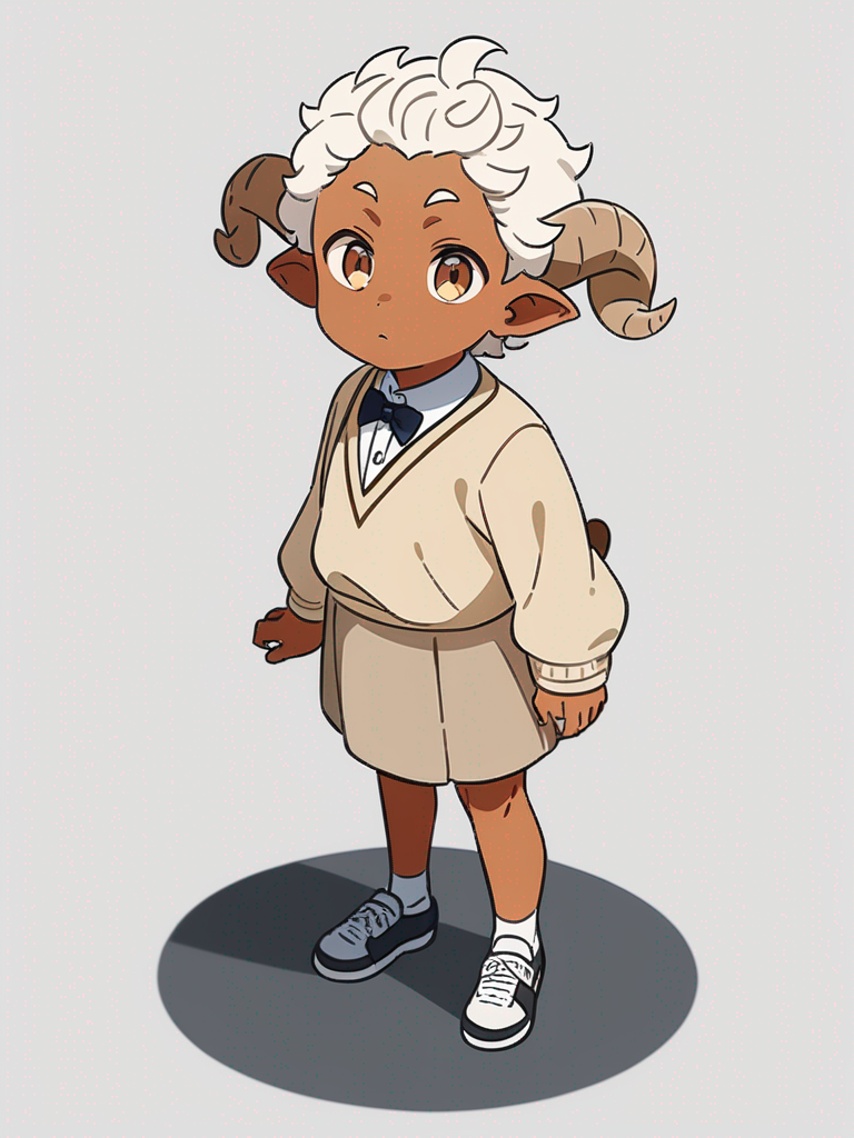 1boy, male child, tiefling, brown eyes, white curly hair, brown ram horns, brown tail, tan skin, school boy uniform, single character, full body, looking at viewer, anime style, simple background, white background
