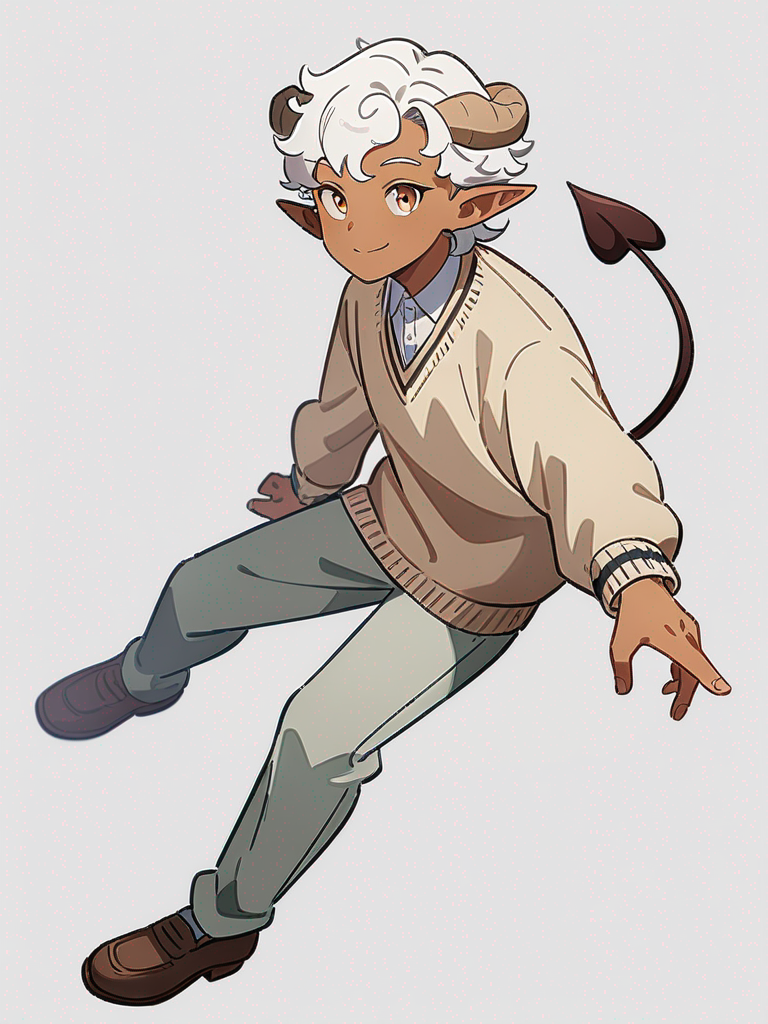 1boy, tiefling, pointed ears, smiling, brown eyes, white curly hair, brown ram horns, brown demon tail, tan skin, school boy uniform, pants, sweater, single character, full body, looking at viewer, anime style, simple background, white background