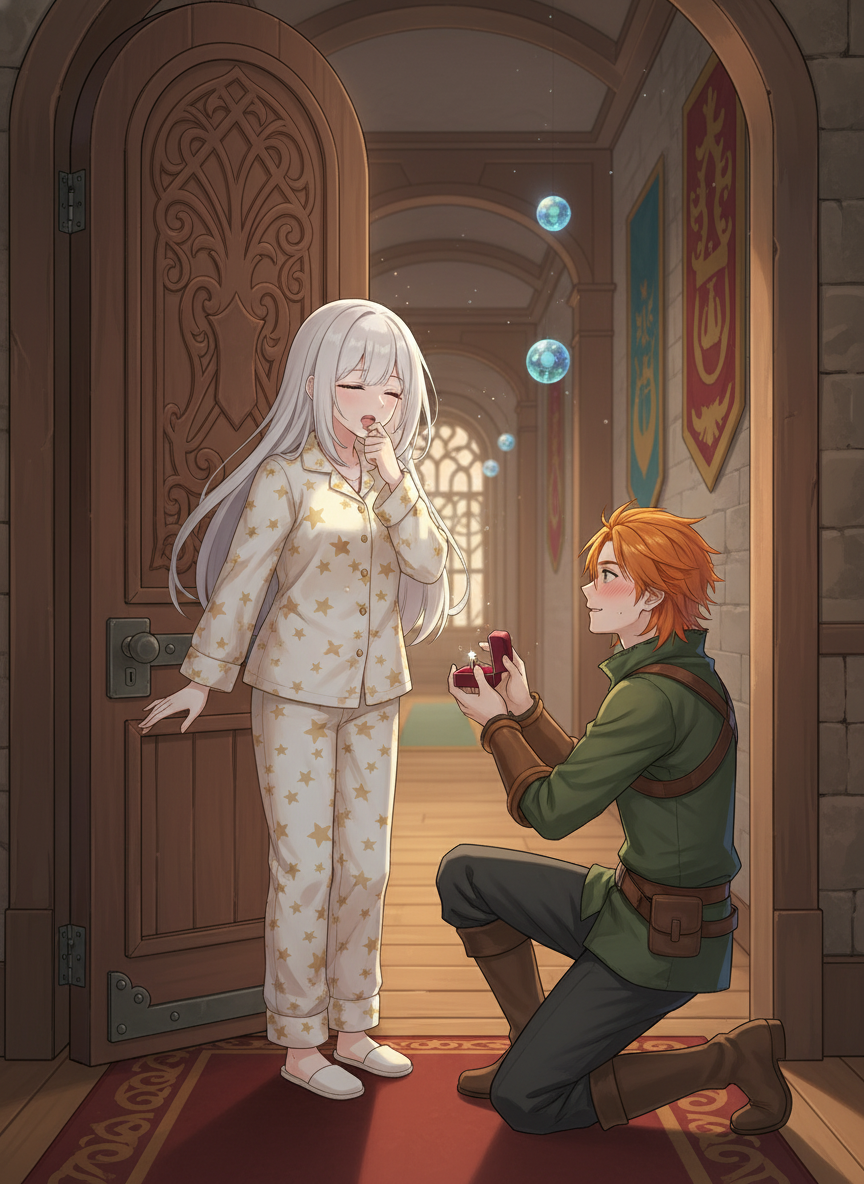 <sera-ab2f>, comfortably clad in cozy pajamas, yawns softly as she opens the ornate door to her room in the castle. To her amazement, she finds <jackson-SNSu> kneeling before her with a sparkling ring that glimmers in his hand, smiling warmly and blushing.