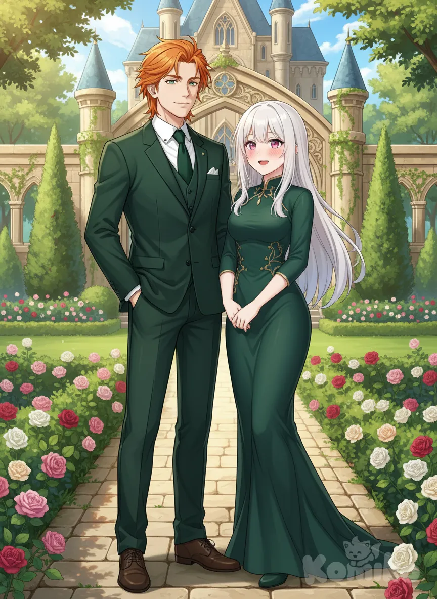 @jackson-SNSu, suit dark green tie, @sera-ab2f blushing, little tight dress dark green, gathering together, smile, castle, garden, anime style