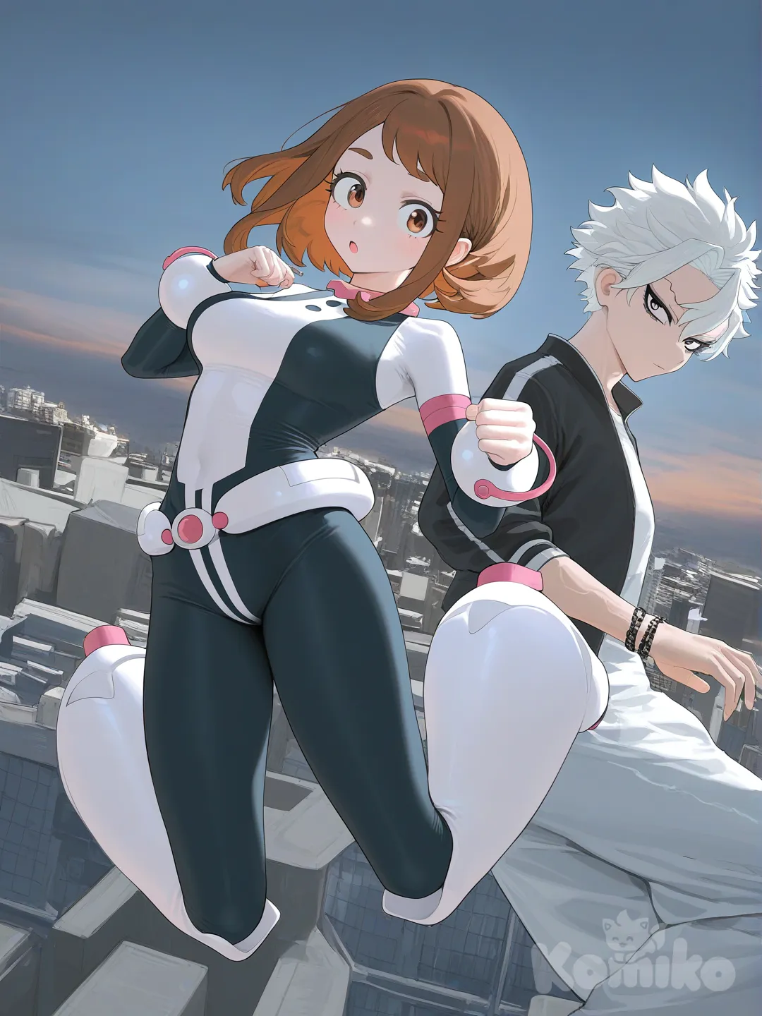 Uraraka Ochako, @Shinazugawa_Sanemi, [vibrant-anime-style], jumping from rooftop, bracelet, looking at viewer