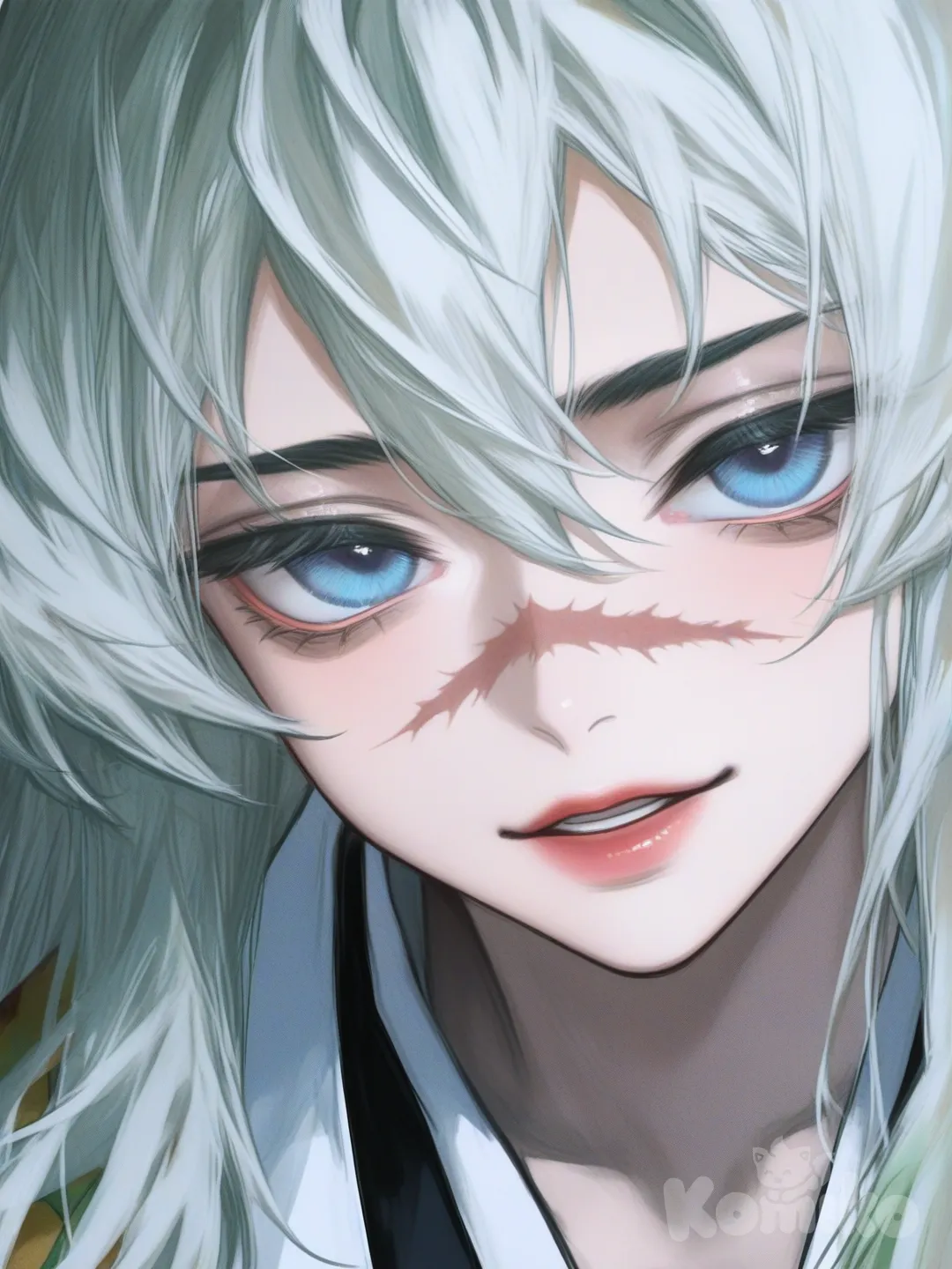 [semi-realistic-portrait-style] 1girl, white_hair, blue_eyes, scar_on_nose, hashira, green_and_red_haori, demon_slayer, teenager, single_character, full_body, looking_at_viewer, anime_style, simple_background, white_background