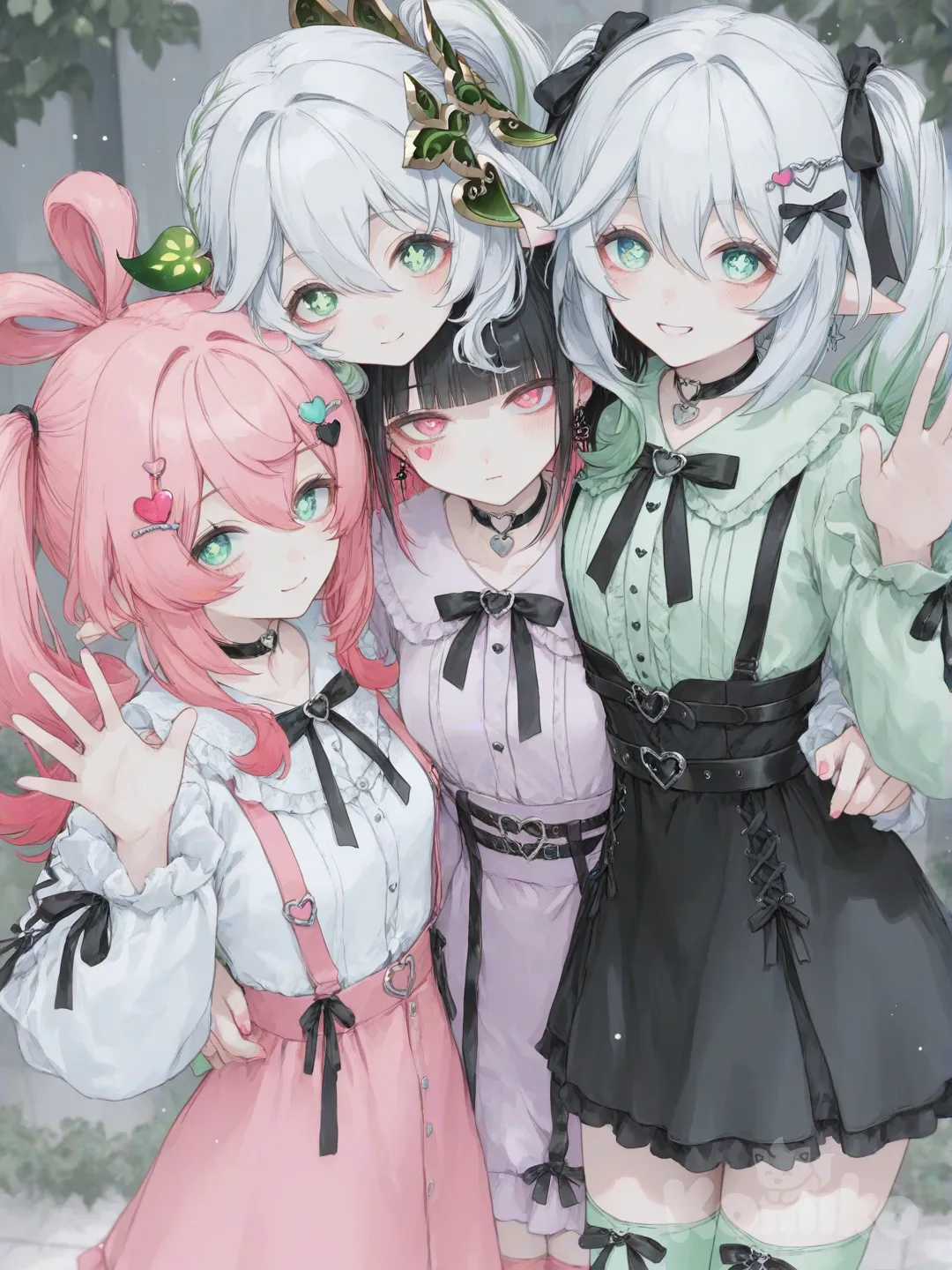 @ari-chan-vsh1, @wawa-rTEN side hug, [sweet-pastel-style], @Nahida_(Genshin_Impact), waving, headshot
