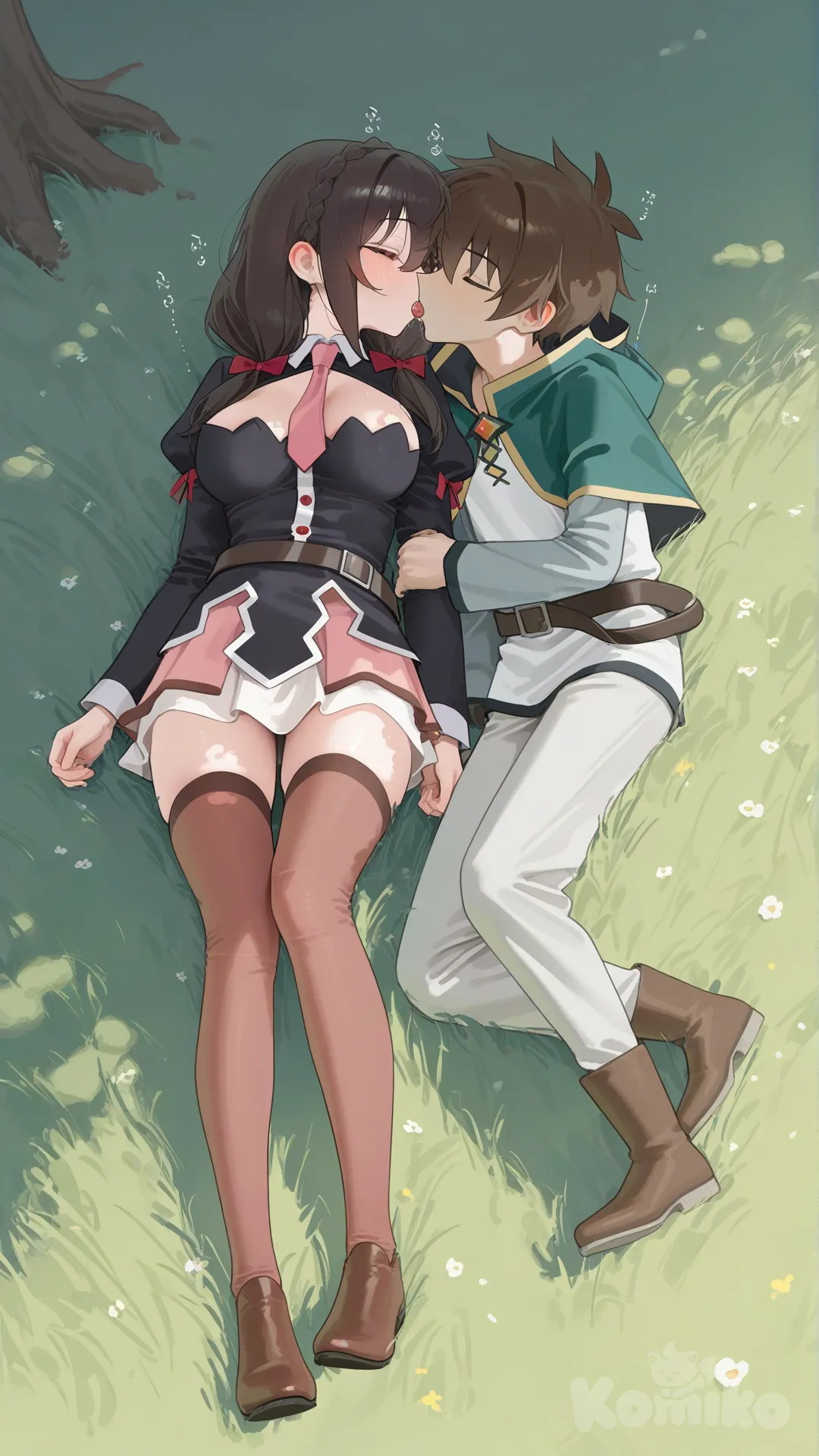 yunyun (konosuba), satou kazuma, french kiss, tongue, sleeping, full body, sleep molestation, yunyun (konosuba), is sleeping on the grass peacefully. Satou Kazuma gives her kiss on the lips while rubbing her genital and fondle her breasts.