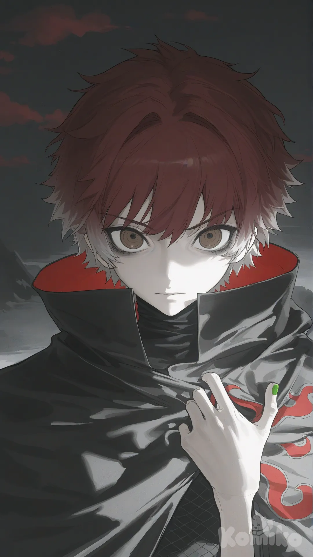 ‎Retrato semi realista de Sasori (Naruto Shippuden estilo artístico), en su forma real.
‎
‎(Un adolescente pálido y delgado con cabello corto y pelirrojo de punta que se transforma en un gris rosado pálido en las puntas).
‎
‎(Sus ojos son grandes, opacos y de color marrón grisáceo, con una expresión vacía y soñadora. Su piel es blanca como la porcelana y mate).
‎
‎
‎ (Lleva el uniforme estándar de Akatsuki: una capa negra larga de cuello alto con patrones de nubes rojas, sobre una camisa shinobi de malla negra ajustada. Sus manos tienen esmalte de uñas verde visible en las uñas).
‎
(estilo artístico oficial de Masashi Kishimoto.) Fondo oscuro y atmosférico en el escondite de Akatsuki. Iluminación lateral dramática, alto contraste, enfoque nítido, resolución 8K.
‎```, [vibrant-anime-style]