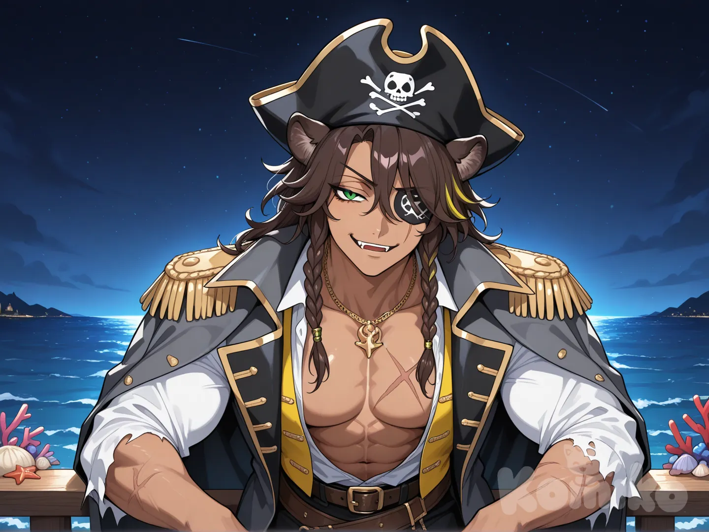 (high detail:1.3), digital anime illustration, Leona Kingscholar (Twisted Wonderland), pirate captain, halloween event outfit, male focus, upper body portrait.

Physical features: dark tanned skin, athletic build, defined chest abs, broad shoulders, wild dark brown hair, lion ears on head, braided sidelocks, sharp facial features, arrogant smirk, sharp fangs visible, (distinctive vertical scar over left eye:1.2), black eyepatch on left eye, right eye intense feline green, slit pupils.

Outfit details: open white poet shirt, torn sleeves, mustard yellow vest, dark grey captain coat, lapels decorated with coral starfish and shells, dark tricorn hat with marine ornaments, leather cross belts, gold necklaces.

Setting & Mood: leaning on ship railing, wooden deck, night time, starry sky, dramatic moonlight, strong shadows, mysterious atmosphere, dominant pose.
