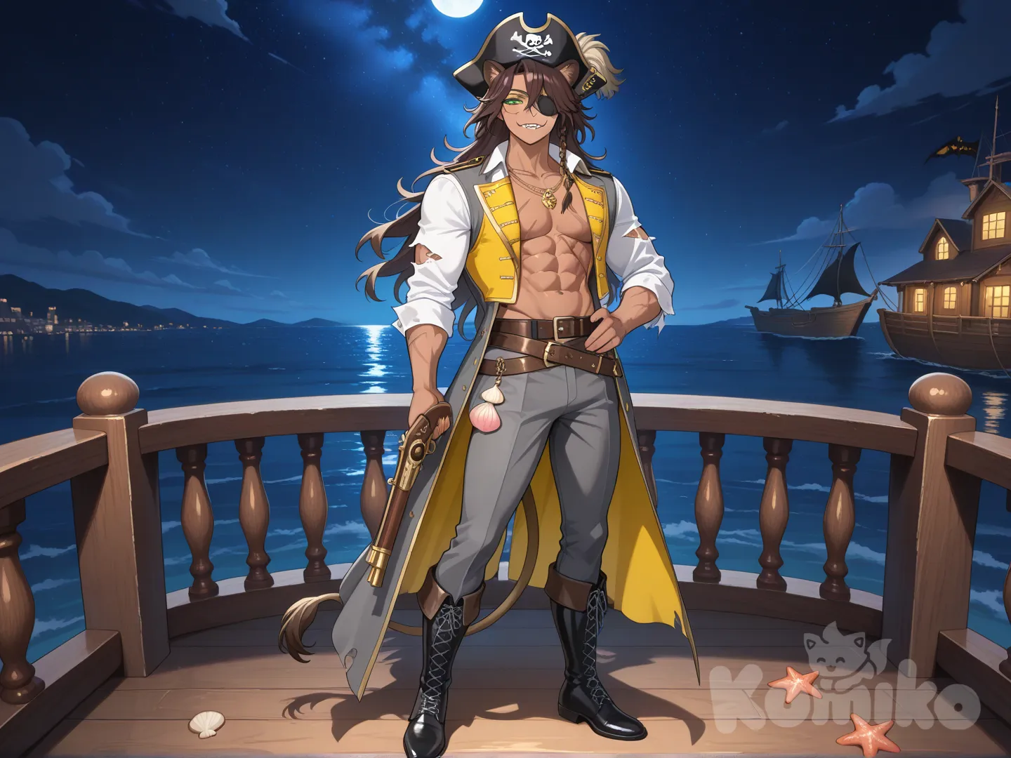 (Obra maestra, máxima calidad, alto nivel de detalle: 1.3), ilustración digital de anime, Leona Kingscholar (Twisted Wonderland), capitan pirata, traje de Halloween, protagonista masculino, retrato de cuerpo entero.

Rasgos físicos: piel bronceada, complexión atlética, abdominales marcados, hombros anchos, cabello castaño oscuro alborotado, mechones trenzados, rasgos faciales marcados, sonrisa arrogante, colmillos afilados visibles (cicatriz vertical distintiva sobre el ojo izquierdo: 1.2), parche negro en el ojo izquierdo, ojo derecho de un verde felino intenso, pupilas rasgadas.

Detalles del atuendo: camisa blanca de poeta abierta, mangas rasgadas, chaleco amarillo mostaza, abrigo de capitán gris oscuro, solapas decoradas con estrellas de mar y conchas de coral, sombrero tricornio oscuro con adornos marinos, cinturones de cuero cruzados, collares dorados. 

Escenario y ambiente: de pie en la proa del barco cubierta de madera, sujetando una pistola pirata, noche, cielo estrellado, luz de luna dramática, sombras fuertes, atmósfera misteriosa, pose dominante.