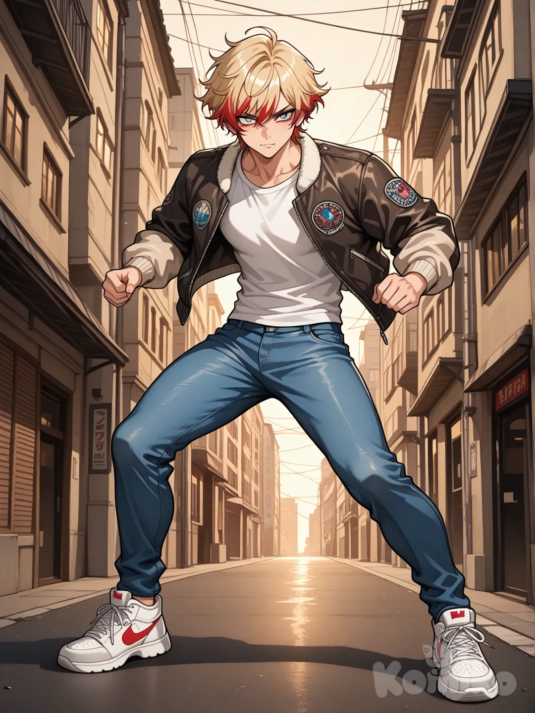 Digital artwork, character portrait of a stylish teenage boy. He has delicate and fine facial features, blonde hair with striking red streaks. Athletic build with lean, not overly defined muscles. He is wearing a two-tone bomber jacket (beige sleeves, black torso) over a simple white t-shirt, light blue denim jeans, and white Air Jordan sneakers. Full-body shot, dynamic urban setting, afternoon light. Style of modern anime or character design for a video game, high contrast, vibrant colors