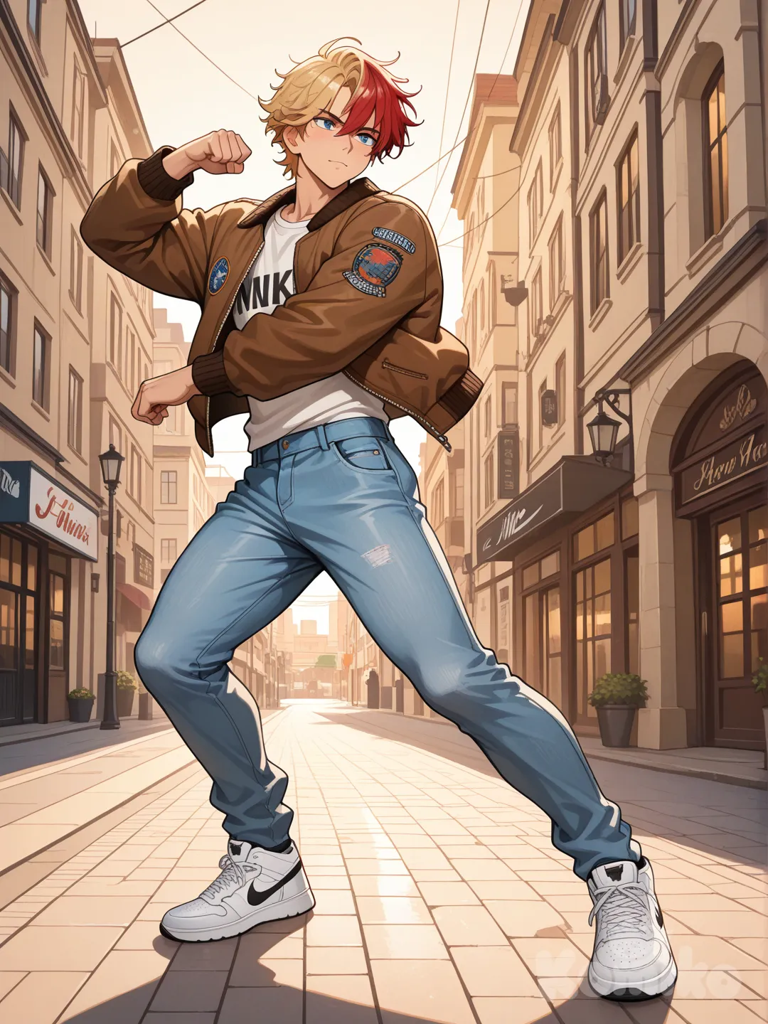 Digital artwork, character portrait of a stylish teenage boy. He has delicate and fine facial features, blonde hair with striking red streaks. Athletic build with lean, not overly defined muscles. He is wearing a two-tone bomber jacket beige over a simple white t-shirt, light blue denim jeans, and white Air Jordan sneakers. Full-body shot, dynamic urban setting, afternoon light. Style of modern anime or character design for a video game, high contrast, vibrant colors