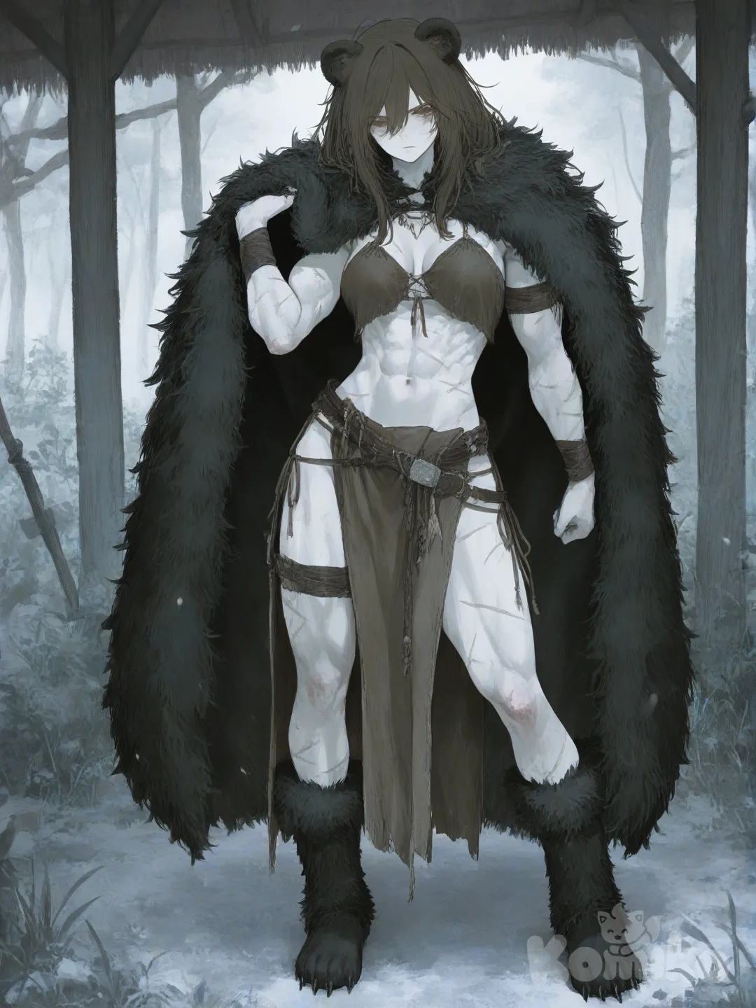 OC, [sweet-pastel-style]
девушка с бледной кожей, брюнетка. мускулистое телосложение, есть шрамы. носит шкуру медведя. Стражник своего племени (во весь рост)