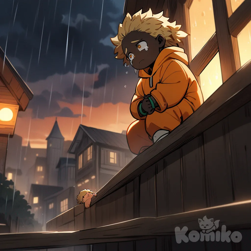 1boy, my hero academia style, baby, small, chunky, muscular, dark black skin, orange eyes, long hair, blonde hair, dreadlocks, scars, crying, cute, orange onesie, bracelet, in a box sitting on stairs, background small town, sunset, raining, dark sky’s