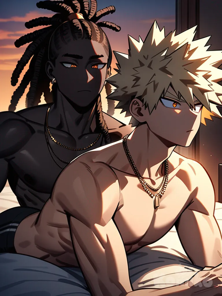 Head shot, Katsuki bakugo lying in bed with 1male, my hero academia style, sexual gay, teenager, tall, athletic, muscular, dark black skin, long hair, blonde hair, dreadlocks, ponytail, orange eyes, no shirt, necklaces, background bedroom, sunset
