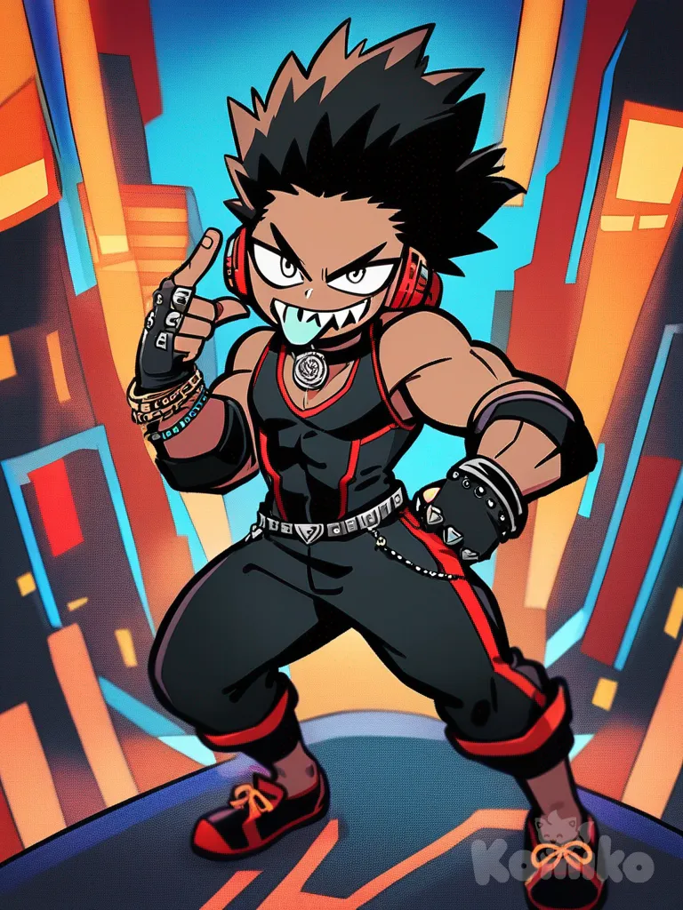 1boy, My Hero Academia style, original character, teenager, slim, tall, tan skin, athletic, black curly long hair, white eyes, red and black stripper outfit choker, hip chain, black knuckle gloves, headphones, bracelet, neon city background, light blue lollipop in hand, sticking tongue out, sharp teeth, single character, full body, looking at viewer, neon city background