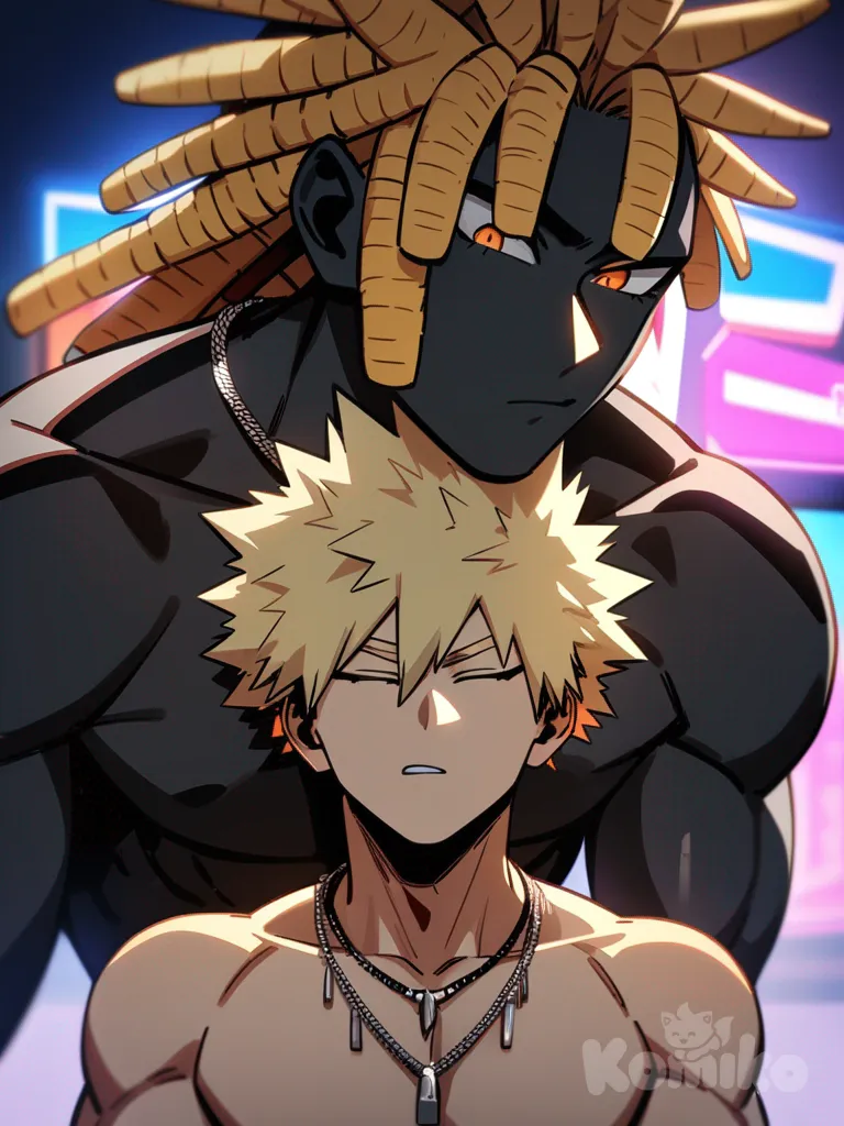Head shot, Katsuki bakugo with 1male, my hero academia style, sexual, eyes closed, kissing neck, teenager, tall, athletic, muscular, dark black skin, long hair, blonde hair, dreadlocks, ponytail, orange eyes, no shirt, necklaces, background neon club, midnight