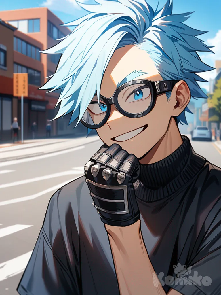 1male, my hero academia style, teenager, short, skinny, athletic, blue eyes, shirt hair, light blue hair, light skin, futuristic light blue and black sweater, punk googles n head, smile, dark blue knuckle gloves with accessories, background clear sky, sunny day, small town background