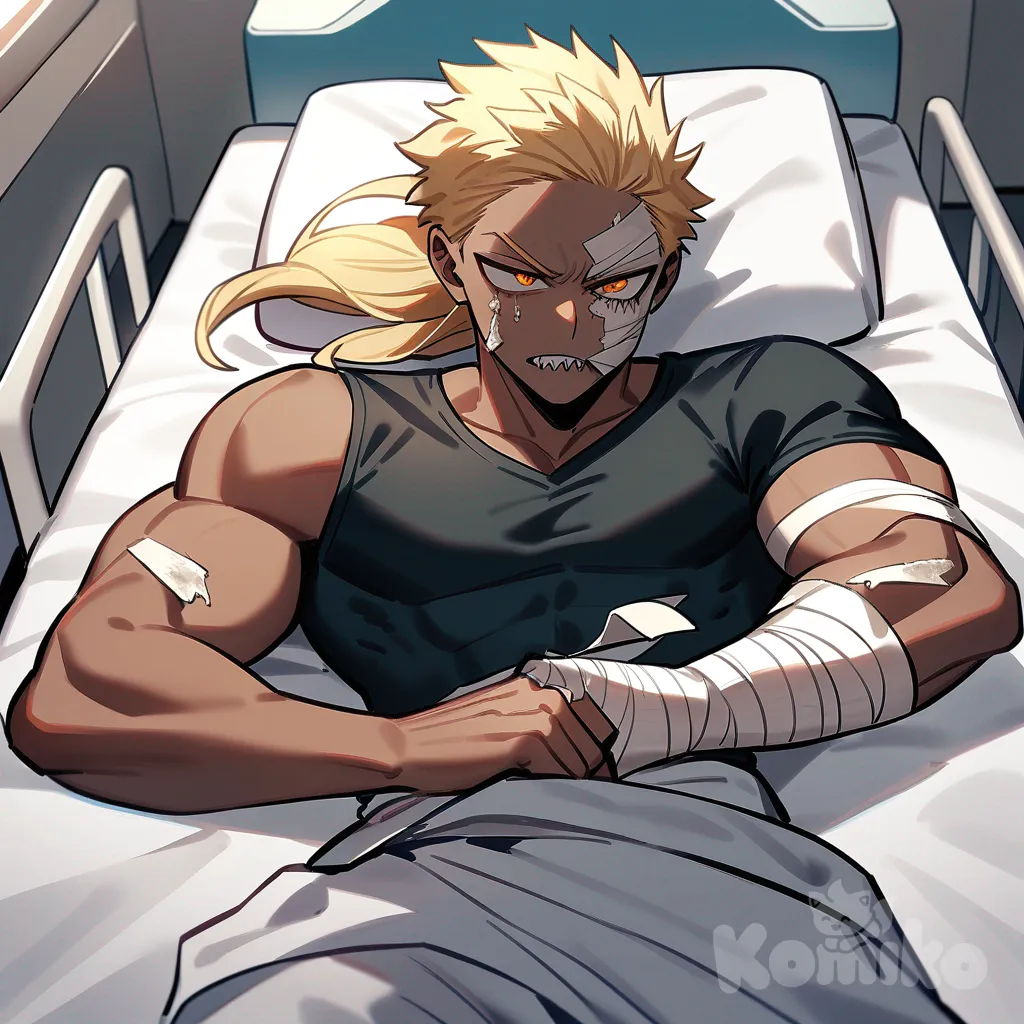 1male, my hero academia style, teenager, tall, athletic, muscular, dark black skin, sharp teeth, long hair, blonde hair, dreadlocks, ponytail, orange eyes, glowing black veins running down face from eye , bandages up right arm, bandages on right side of face, bleeding from forehead, bandages around his waist, lying in hospital bed , crying, necklaces, background hospital room, sunrise