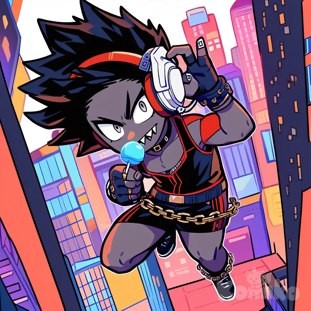 1boy, My Hero Academia style, original character, teenager, slim, tall, tan skin, athletic, black curly long hair, white eyes, red and black stripper outfit choker, hip chain, black knuckle gloves, headphones, bracelet, neon city background, light blue lollipop in hand, sticking tongue out, sharp teeth, single character, full body, looking at viewer, neon city background
