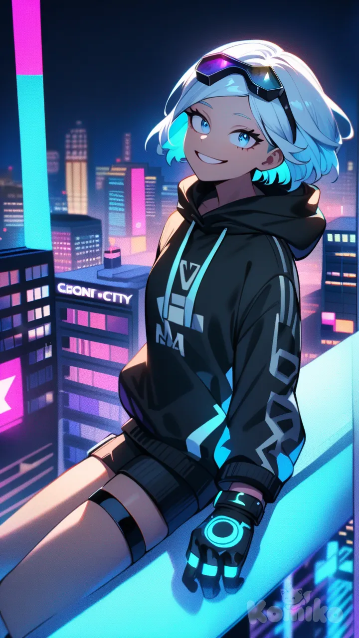 A captivating scene,On top of a building, 1Female, my hero academia style, teenager, short, skinny, athletic, blue eyes, short hair, light blue hair, light skin, futuristic light blue and black hoodie, punk googles n head, neon color palette, smile, dark blue knuckle gloves with accessories, background neon city at night