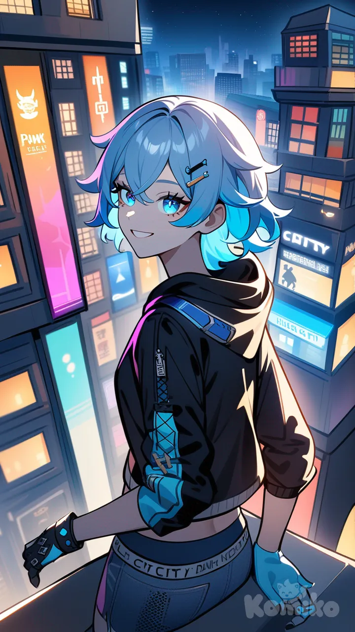 A captivating scene,On top of a building, 1Female, Genshin impact style, teenager, short, skinny, athletic, blue eyes, short hair, light blue hair, pointy hair, light skin, futuristic light blue and black hoodie, punk googles n head, neon color palette, smile, dark blue knuckle gloves with accessories, background neon city at night, looking up at the sky