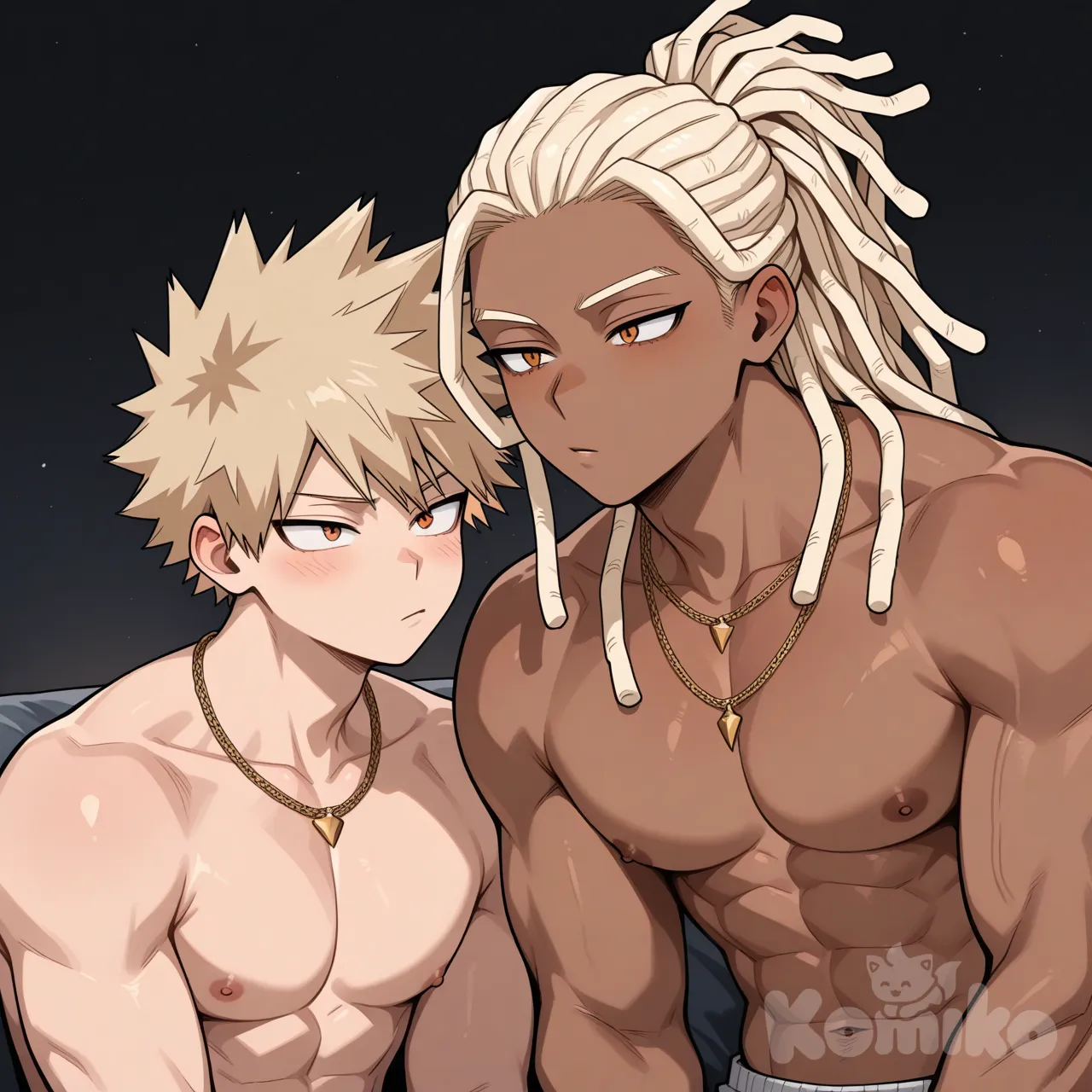 Head shot, Katsuki bakugo sitting next to 1male, my hero academia style, line art style, sexual, teenager, tall, athletic, muscular, dark black skin, long hair, blonde hair, dreadlocks, ponytail, orange eyes, no shirt, necklaces, background bedroom, midnight