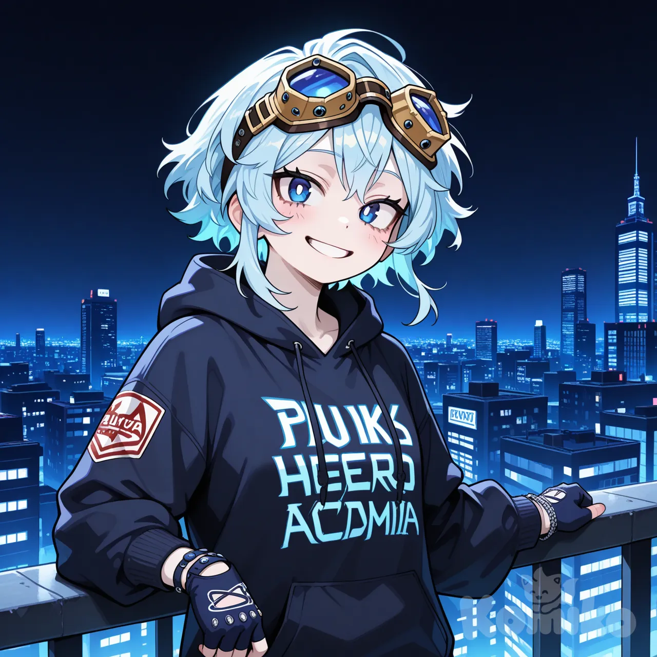 1Female, my hero academia style, line art style, teenager, short, skinny, happy expression, athletic, blue eyes, short hair, light blue hair, light skin, futuristic light blue and black hoodie, punk googles on head, neon color palette, smile, dark blue knuckle gloves with accessories, background neon city at night