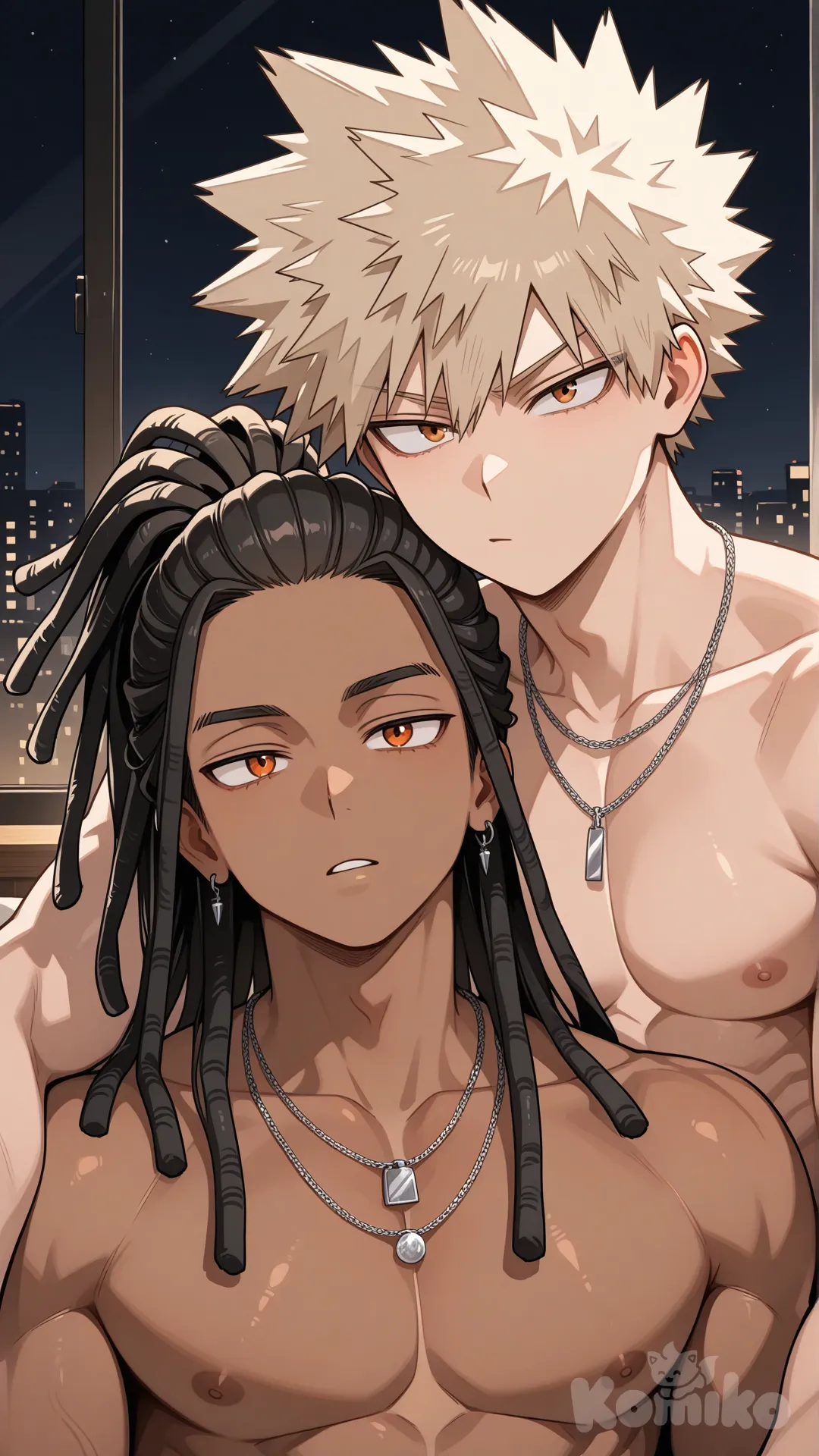 Head shot, Katsuki bakugo sitting next to 1male, my hero academia style, line art style, sexual, teenager, tall, athletic, muscular, dark black skin, long hair, blonde hair, dreadlocks, ponytail, orange eyes, no shirt, necklaces, background bedroom, midnight