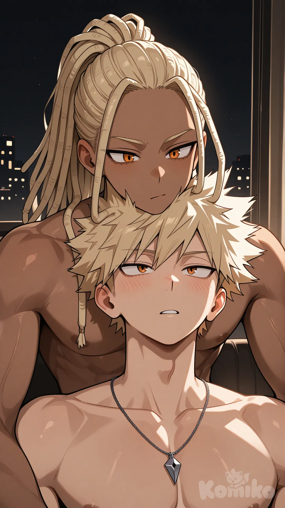Head shot, Katsuki bakugo sitting next to 1male, my hero academia style, line art style, sexual, teenager, tall, athletic, muscular, dark black skin, long hair, blonde hair, dreadlocks, ponytail, orange eyes, no shirt, necklaces, background bedroom, midnight