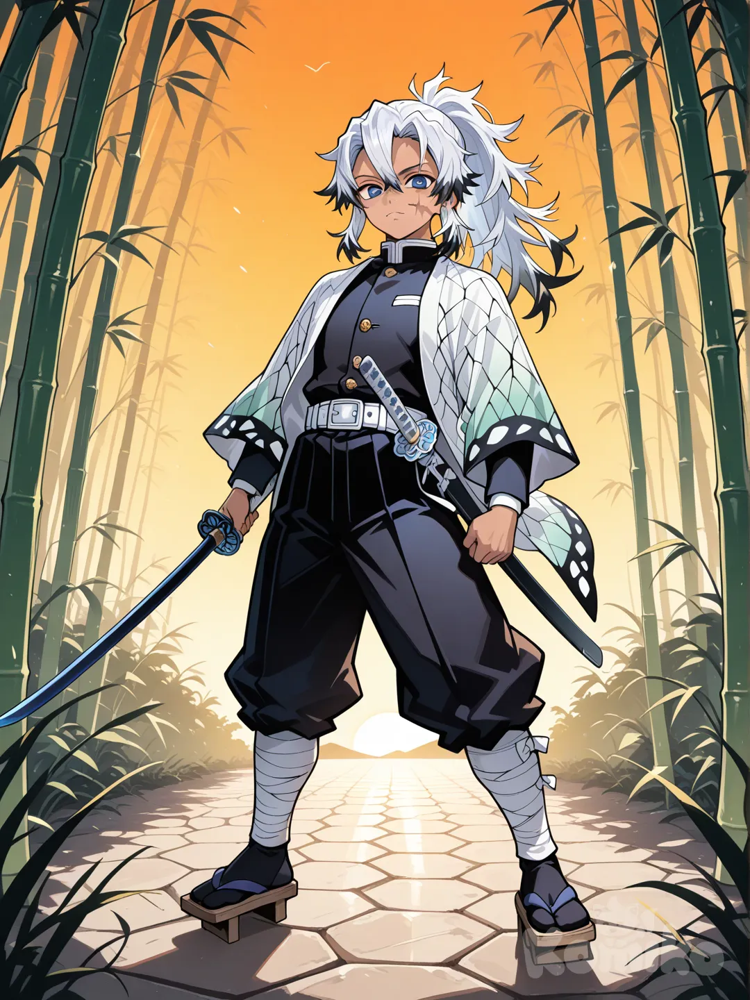 1boy, demon slayer style, teenager, tall, slim, athletic, muscular, cute face, tan skin, light blue eye, dark blue eye, scars on face, silver hair, high ponytail, spiky hair, long hair, demon slayer uniform, light blue hexagon print kimono, leg raps, Japanese flip flops, futuristic black and dark blue katana, background bamboo forest, sunset, looking at viewer