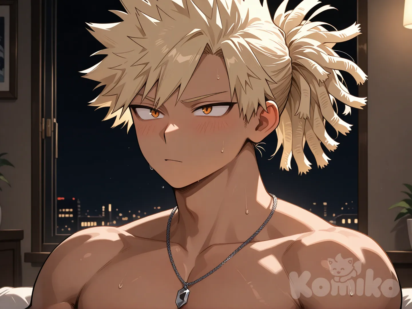 Head shot, Katsuki bakugo sitting next to 1male, my hero academia style, line art style, sexual, teenager, tall, athletic, muscular, dark black skin, long hair, blonde hair, dreadlocks, ponytail, orange eyes, no shirt, necklaces, background bedroom, midnight