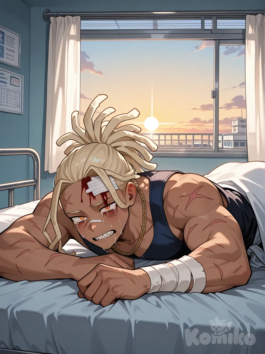 1male, my hero academia style, teenager, tall, athletic, muscular, dark black skin, sharp teeth, long hair, blonde hair, dreadlocks, ponytail, orange eyes, vein scars running down face from eye , bandages up right arm, bandages on right side of face, bleeding from forehead, bandages around his waist, lying in hospital bed , crying, necklaces, background hospital room, sunrise