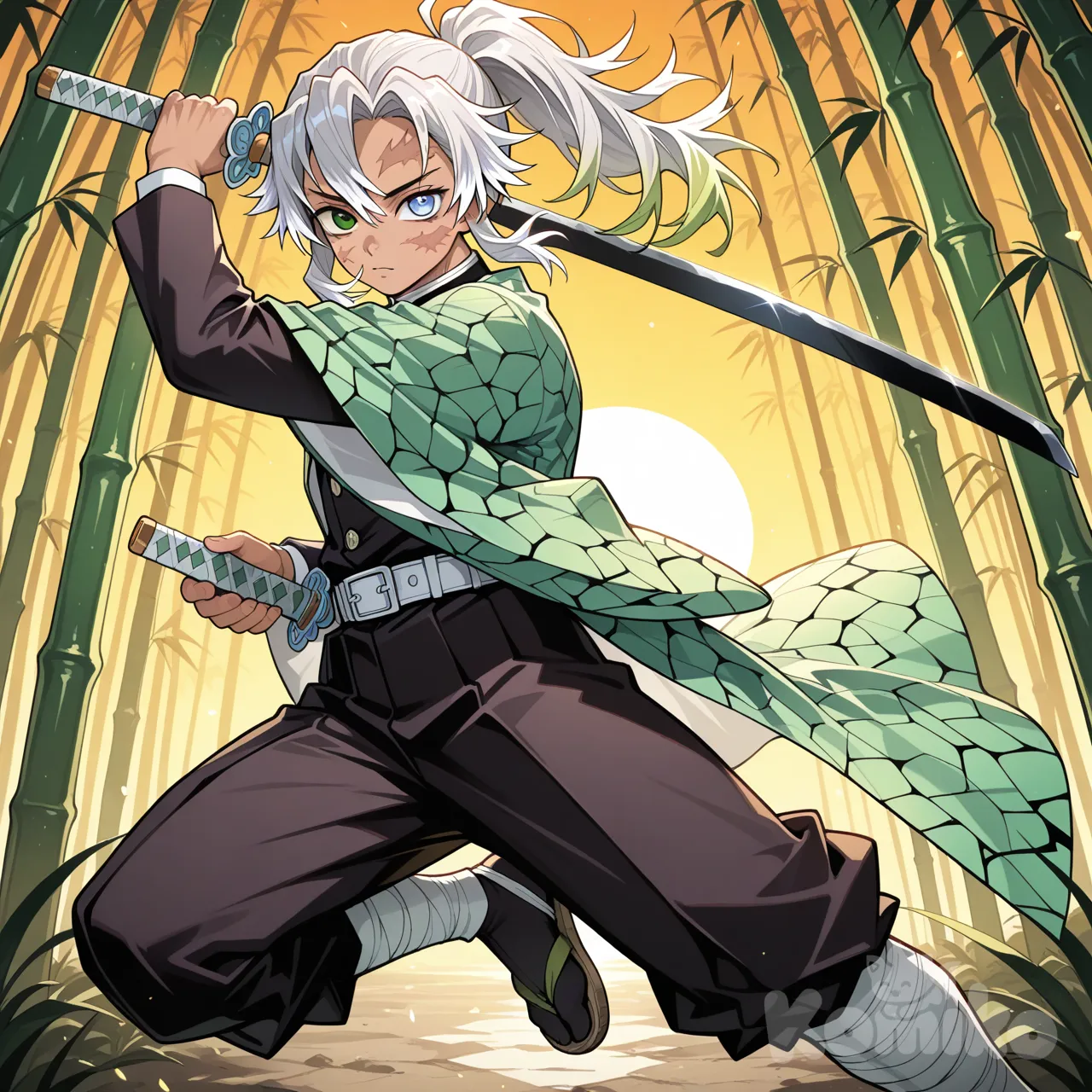 1boy, demon slayer style, teenager, tall, athletic, muscular, cute face, tan skin, light blue eye, light green eye, scars on face, silver hair, high ponytail, spiky hair, long hair, demon slayer uniform, green hexagon print kimono, leg raps, Japanese flip flops, futuristic black and green katana, background bamboo forest, sunset, looking at viewer
