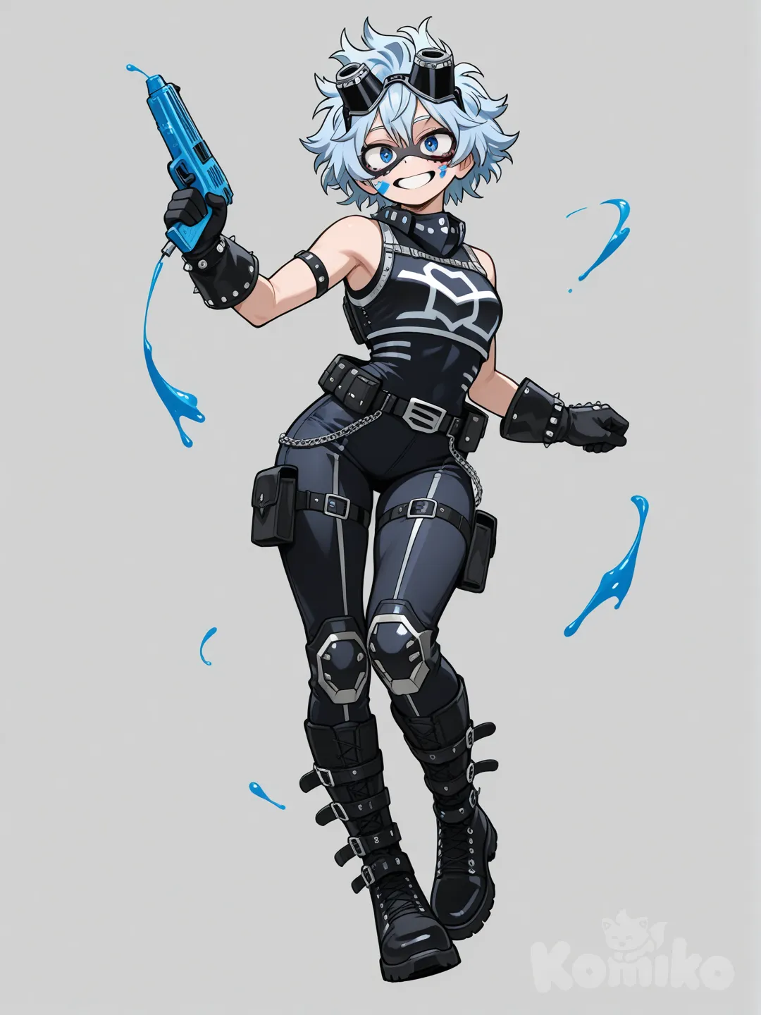 1Female, my hero academia style, line art style, teenager, short, skinny, athletic, blue eyes, short hair, spiky hair, light blue hair, light skin, futuristic light blue and black full body armor, punk googles n head, paint splats on face, paint weapon, smile, dark blue knuckle gloves with accessories, background clear sky, sunny day, small town background