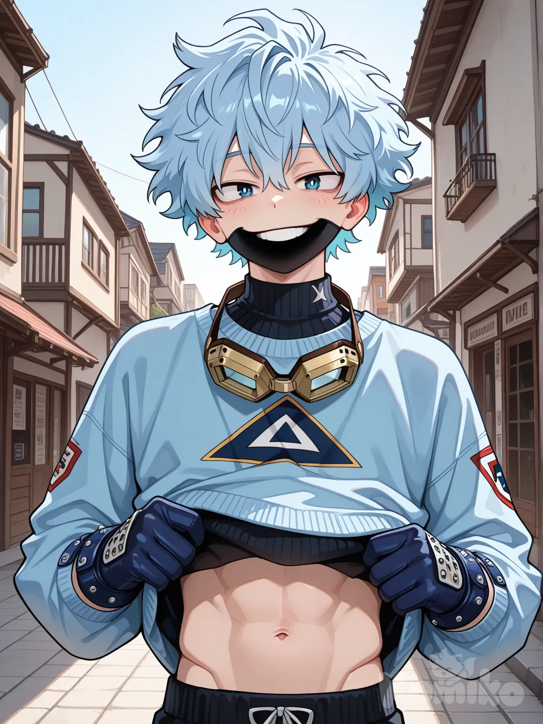 1male, my hero academia style, teenager, short, skinny, handsome, athletic, blue eyes, short hair, pale blue hair, cool hair, light skin, futuristic light blue and black sweater, punk googles with triangle on them over eyes, smile, dark blue knuckle gloves with accessories, background clear sky, black face mask over mouth, sunny day, small town background