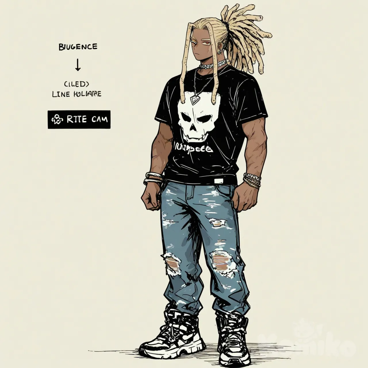 1boy, My Hero Academia style, original character in the world of My Hero Academia, lineart, teenager, mature, muscular, tall, athletic, blonde hair, long hair, dreadlocks, ponytail, orange eyes, scar, dark black skin, t-shirt, jeans, earrings, necklace, choker, jewelry, bracelet, [sweet-painting-style]