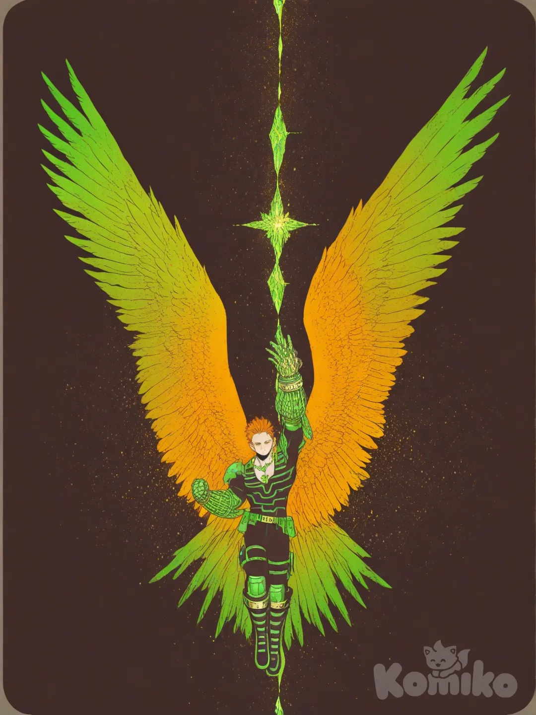1Male, my hero academia, line art style, falling, teenager, tall, athletic, muscular, pale skin, green eyes with slits, black irises, massive green and orange feathered wings, short hair, orange hair, slicked back hair, scars, glowing Green crystal on shoulder, futuristic black and green full body armor, knee-high futuristic black and green boots, glowing green crystal necklaces, glowing green crystal knuckle gloves, background nighttime sky, looking at viewer, [sweet-painting-style]