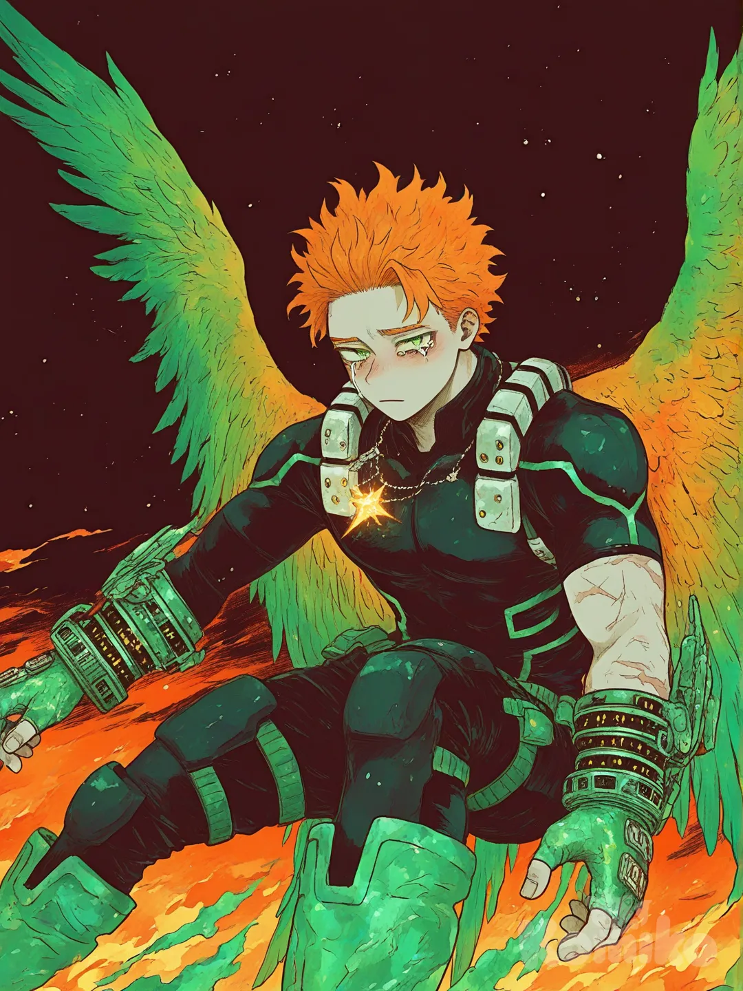1Male, my hero academia, line art style, falling, teenager, tall, athletic, muscular, pale skin, green eyes with slits, black irises, tears, massive green and orange feathered wings, short hair, orange hair, slicked back hair, scars, glowing Green crystal on shoulder, futuristic black and green full body armor, knee-high futuristic black and green boots, glowing green crystal necklaces, glowing green crystal knuckle gloves, background nighttime sky, looking at viewer, [sweet-painting-style]