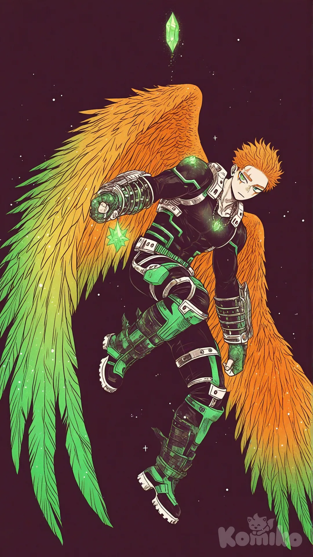 1Male, my hero academia, line art style, falling, teenager, tall, athletic, muscular, pale skin, green eyes with slits, black irises, massive green and orange feathered wings, short hair, orange hair, slicked back hair, scars, glowing Green crystal on shoulder, futuristic black and green full body armor, knee-high futuristic black and green boots, glowing green crystal necklaces, glowing green crystal knuckle gloves, background nighttime sky, looking at viewer, [sweet-painting-style]