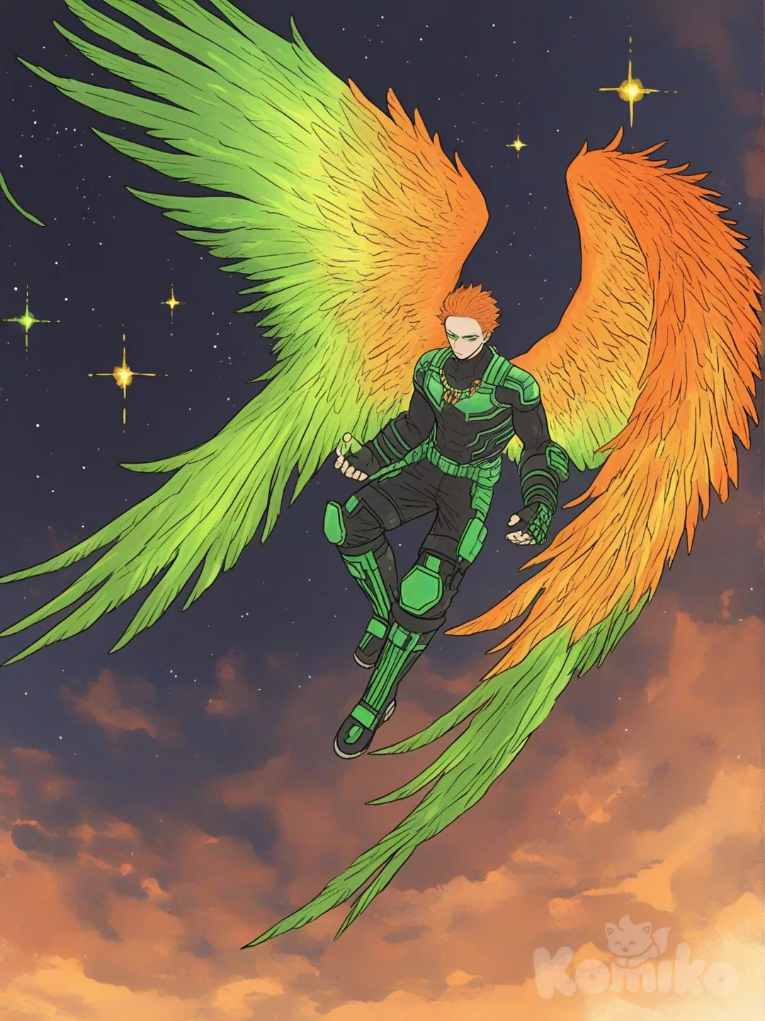 1Male, my hero academia, line art style, falling, teenager, tall, athletic, muscular, pale skin, green eyes with slits, black irises, massive green and orange feathered wings, short hair, orange hair, slicked back hair, scars, glowing Green crystal on shoulder, futuristic black and green full body armor, knee-high futuristic black and green boots, glowing green crystal necklaces, glowing green crystal knuckle gloves, background nighttime sky, looking at viewer, [sweet-painting-style]
