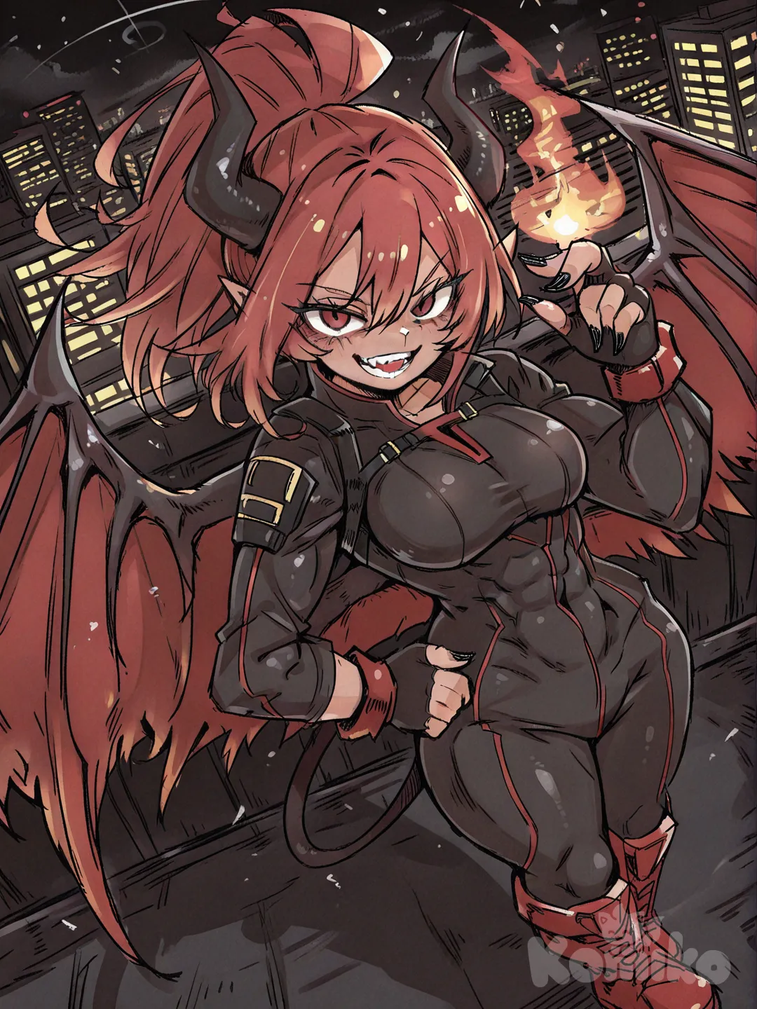 1Female, my hero academia style, line art style, teenager, tall, muscular, athletic, sexy, scars on body, red eyes, slits eyes, tan skin, sharp teeth, sharp black nails, pointy ears, long hair, red hair, ponytail, big black demon horns, large black and red demon wings, futuristic black and red body armor, futuristic black and red knee high boots, evil smile, flying, fire red in hand, black knuckle gloves, background neon city, night, hand on own hip, looking at viewer, [soft-wash-sketch-style]
