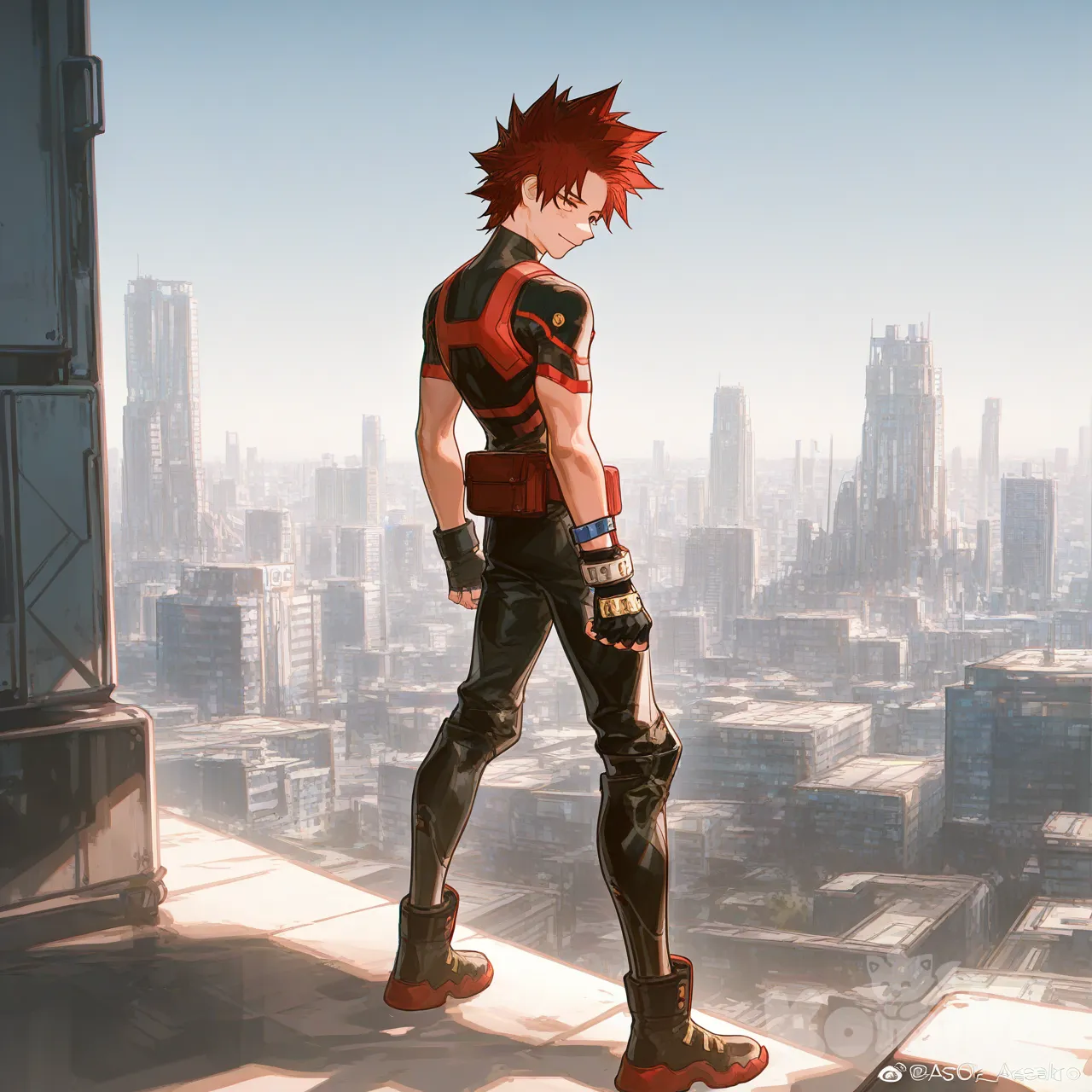 1male, in cool pose, my hero academia style, line art style, teenager, tall, skinny, athletic, gold eyes, medium length hair, spicky hair, red and black, light skin, futuristic black and red full body armor, shy smile, dark blue knuckle gloves with accessories, background clear sky, sunny day, futuristic city background, [dazzling-illustration-style]